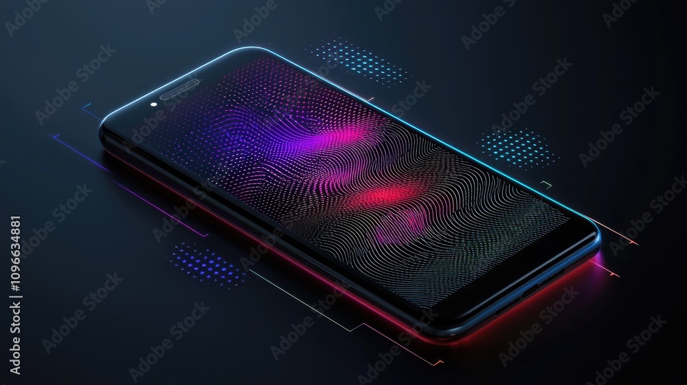 Poster a sleek smartphone displays vibrant patterns in a dark setting, showcasing modern design and advance