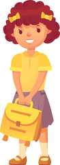 Naklejka premium Happy schoolgirl with curly red hair, yellow shirt and gray skirt, holding her yellow satchel and smiling, ready for her first day of school