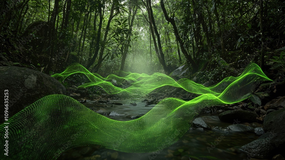 Aufkleber a serene forest scene featuring a flowing stream with vibrant green wave-like visuals, creating a ha