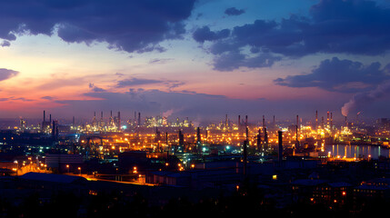 Naklejka premium Industrial Complex at Twilight. A Vibrant Night Scene