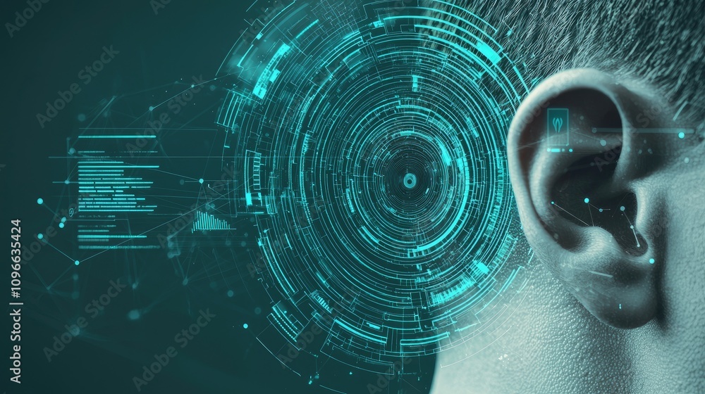 Poster a digital representation of an ear, integrated with abstract technology patterns, illustrating the c