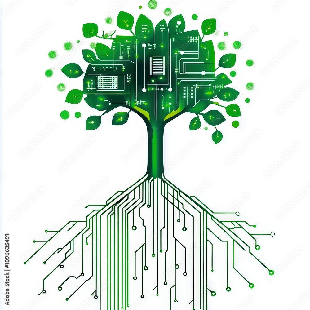 Poster abstract green circuit board with tree roots extending, combining organic elements and tech