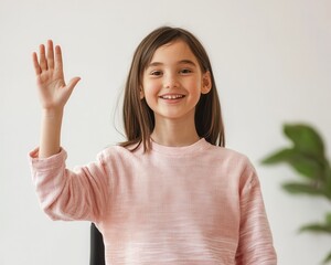 Child waving cheerfully in bright indoor space portrait lifestyle natural light positive emotion