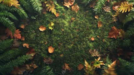Autumn leaves and ferns on mossy ground.