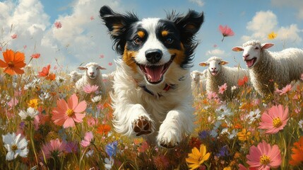 Obraz premium Joyful Dog Running Through a Flower Field with Sheep