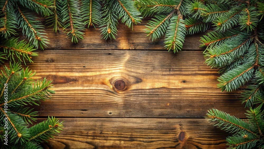 Poster a festive christmas frame with evergreen branches on a rustic wooden background