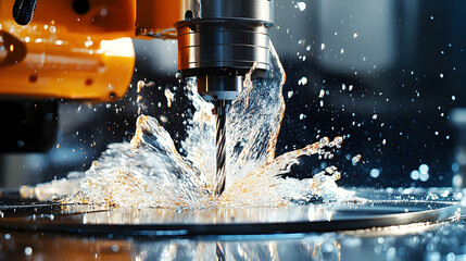 Industrial Drill Cutting Metal with Water Spray