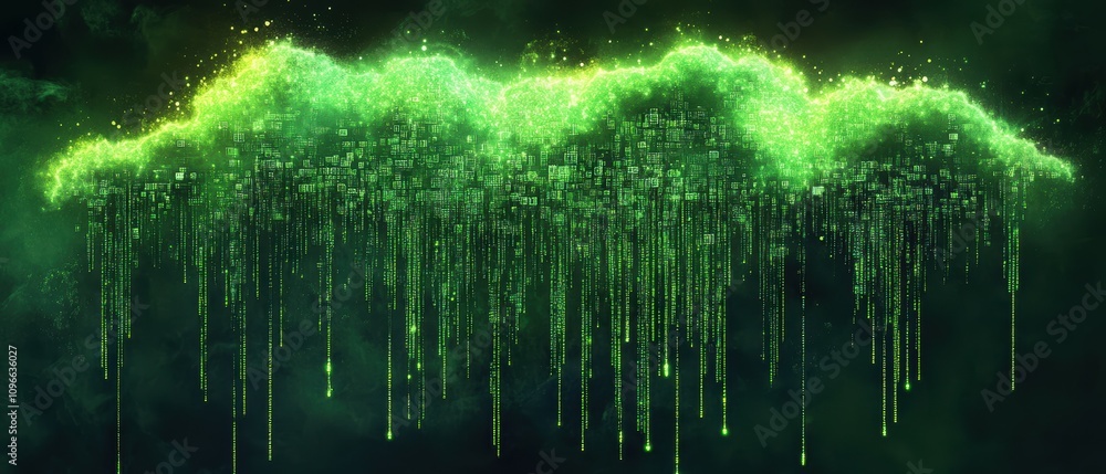 Poster matrix code cascading to form a neon green cloud with gli adad a digital art exploration in a cybern
