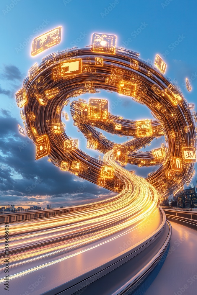 Poster a futuristic, illuminated spiral structure with glowing elements and a dynamic pathway, set against 