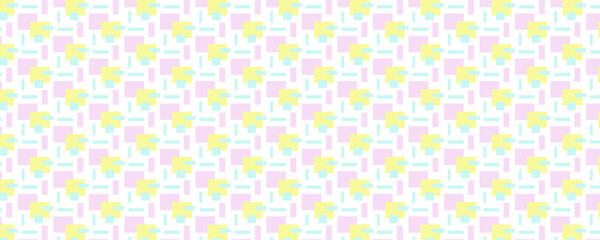 カラフルなパターン模様の背景　壁紙　布地　ピンクと水色、イエローのタイル