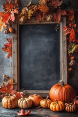 A warm and inviting rustic background showcases a blackboard, beautifully adorned with an array of colorful autumn leaves and an assortment of pumpkins, making it ideal for fall festivities and decor
