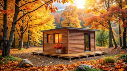 A rustic wooden cabin nestled amongst vibrant autumn foliage, bathed in the golden glow of the afternoon sun.