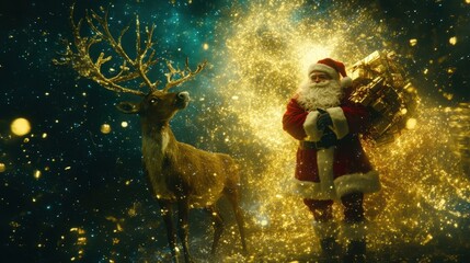Santa Claus embracing a reindeer as they prepare for their Christmas journey under a shimmering aurora.