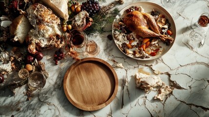 Fototapeta premium Festive Table Setting with Roast Turkey, Fresh Fruits, and Rustic Decor for a Thanksgiving Celebration