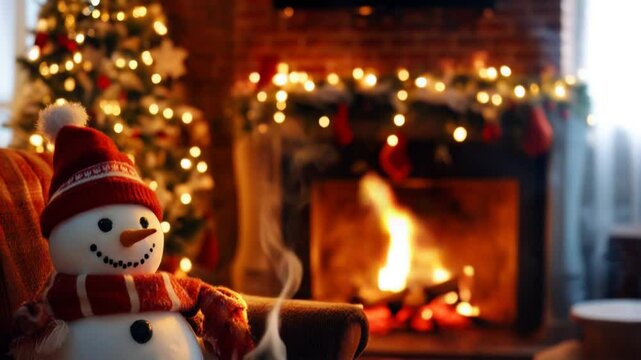 Un mu&ntilde;eco de nieve sentado en el sill&oacute;n cerca de la chimenea con caf&eacute; caliente y galletas, una acogedora tarde de invierno en casa.