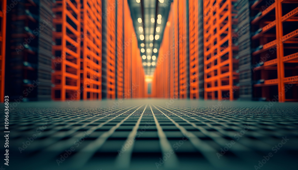 Aufkleber abstract perspective of a server room, showcasing rows of orange racks and a metallic grid floor. th