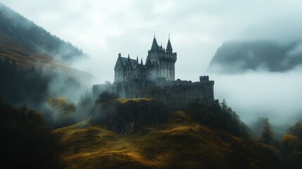Mysterious fog envelops medieval castle in enchanted hills captivating landscape photography