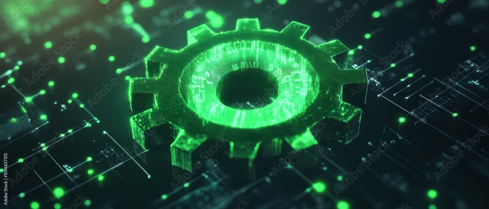Poster dynamic transformation pixelated neon green code morphing into a spinning cogwheel in a futuristic d