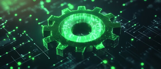 Obraz premium Dynamic transformation pixelated neon green code morphing into a spinning cogwheel in a futuristic digital realm