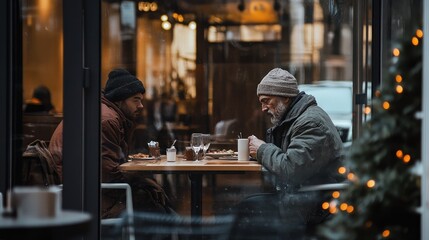Obraz premium Two men sitting at a cafe table enjoying a meal and drinks during the evening hours, with warm ambient lights reflecting a cozy atmosphere in a city setting