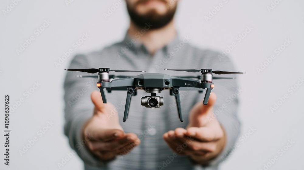 Poster drone delivery action indoor setting technology showcase modern environment close-up view innovation