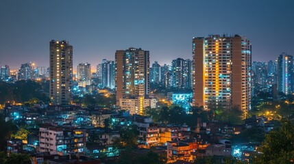 Obraz premium Vibrant Urban Landscape at Night with Illuminated Skyscrapers and Dense Residential Buildings Showcasing the Bustling Life and Energy of a Modern Cityscape