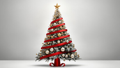 A clean, contemporary background featuring a single red ribbon curling into the shape of a Christmas tree on a light gray canvas