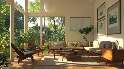 Fototapeta premium Classic mid-century modern interior with clean lines and retro furniture