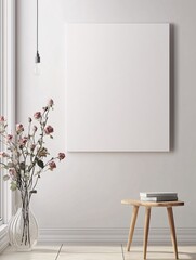 Blank wooden photo frame mockup on white wall with pink roses in vase decoration. Concept of Minimal design