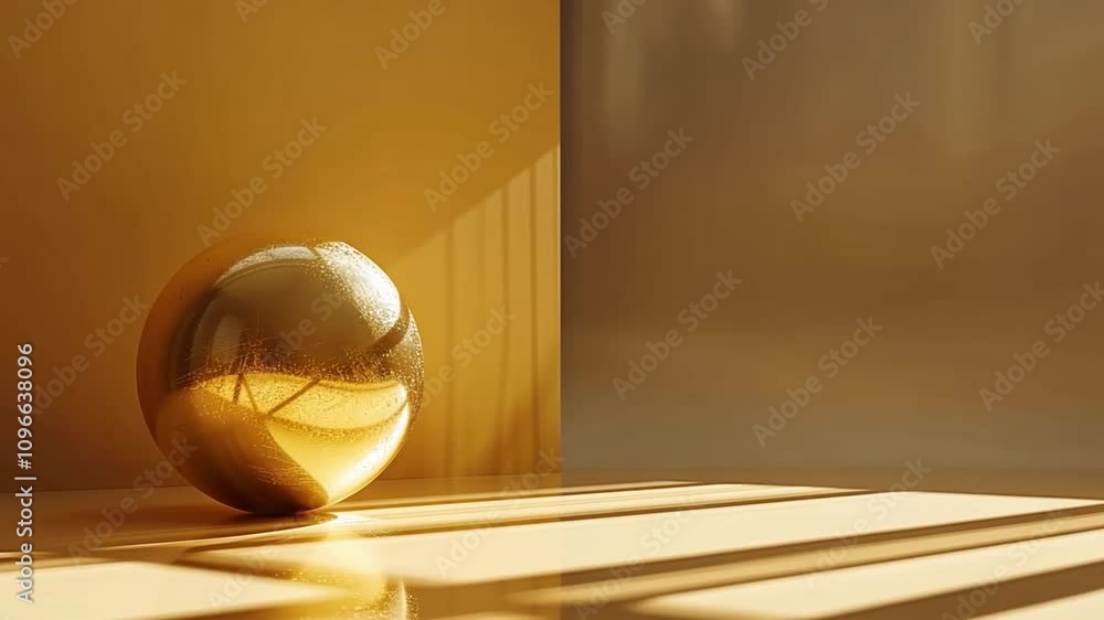 Aufkleber A golden sphere rests on a smooth yellow surface, illuminated by warm sunlight creating gentle shadows. The setting exudes a minimalist aesthetic, enhancing the sphere's reflective quality.