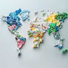 Artistic world map made from colorful recycled paper, symbolizing sustainability, environmental awareness, and the creative reuse of materials for eco-friendly initiatives
