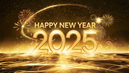 A surreal golden landscape with a shimmering horizon under a starry sky. 'Happy New Year 2025' in bold golden letters, surrounded by glowing sparks, light trails, mist, fireworks.
