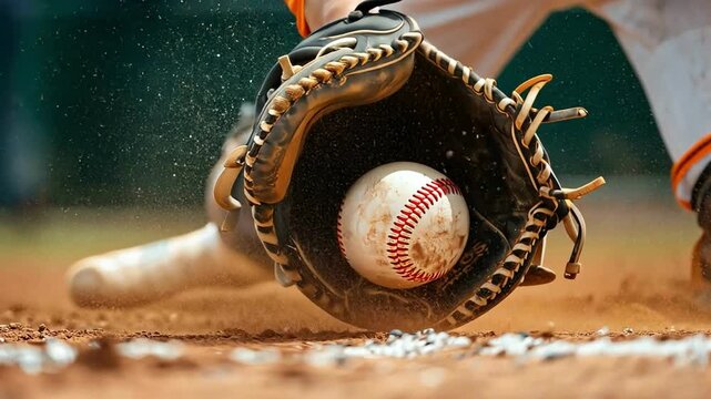 Close-up of a player catching a baseball with a glove on the field during a game action.