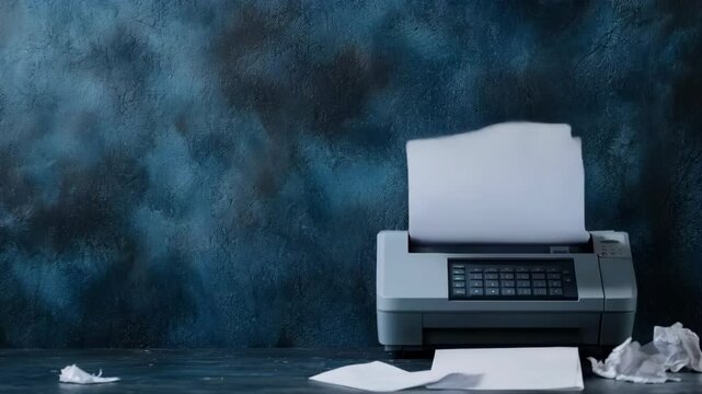 Paper printer in modern workspace with crumpled paper on floor against blue textured background showcasing the clutter and chaos of office tasks and printing documents