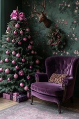 Obraz premium green Christmas tree, pink leopard-print baubles, big pink bow on top of the tree, dark green wallpaper with a deer head decoration on the wall, modern livingroom