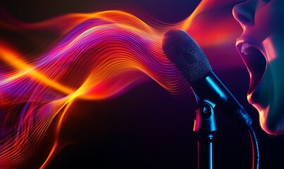 A dynamic image of a microphone with vibrant sound waves, symbolizing music and performance.