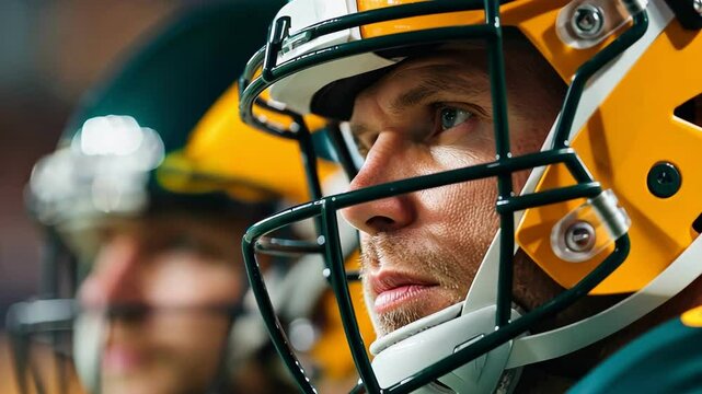 Focused football player in a helmet during a game, showcasing determination and commitment to the sport.