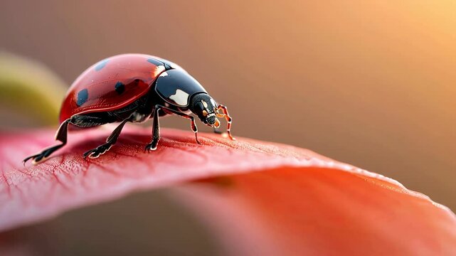 A close-up view of a ladybug perched on a vibrant pink petal, showcasing nature's beauty and intricate details in soft sunlight.
