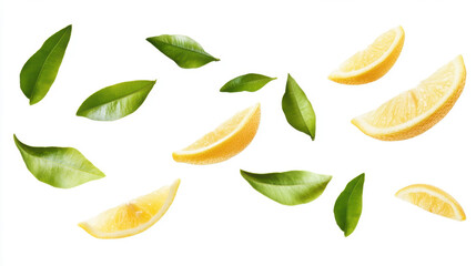Yellow lemon slices falling with green leaves on white background for graphic design or wallpaper.