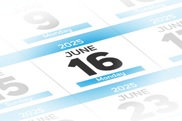 16 June 2025 year date calendar day illustration