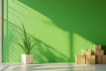 Pile of cardboard boxes and potted plant in big green room with window light.