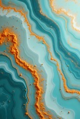 Marble background. Lines in turquoise and orange tones with gold powder