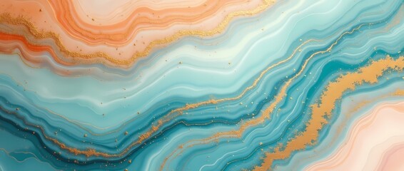 Marble background. Lines in turquoise and orange tones with gold powder