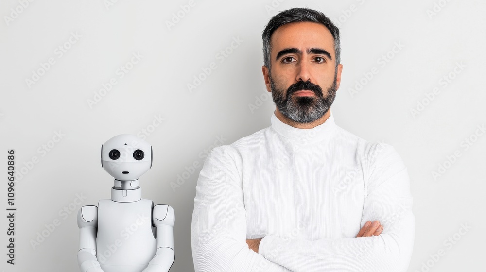 Poster human-robot interaction modern studio digital art minimalist environment front view technology and s