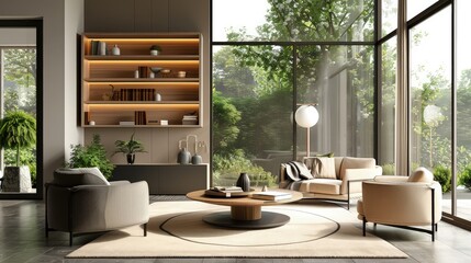 The modern living room featured a sleek, gray sofa as its centerpiece, accented with vibrant, geometric throw pillows.
