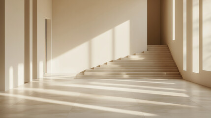 Fototapeta premium Stairs bathed in sunlight leading to serene minimalistic space