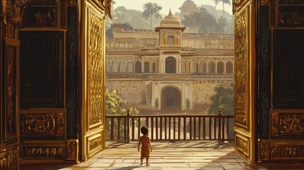 A Young Child Stands at the Entrance of a Majestic Palace, Bathed in Golden Light, Overlooking a Serene Landscape and Rich Cultural Heritage