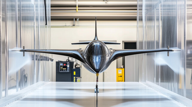 Wind tunnel testing model in action, showcasing aerodynamic principles and engineering innovation.