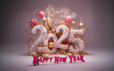 Elegant Happy New Year 2025 Greeting Card with Golden Decorations and Festive Ribbons. New Year Template, Banner, Background with Balloons, Confetti, Fireworks, Ribbon, Gifts, & Festive Decorations.