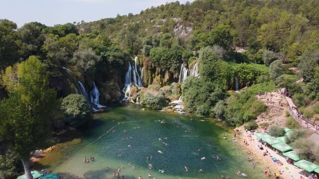 Kravice Falls, Bosnia and Herzegovina travel and attractions. Aerial view summer tourist attraction Kravica Falls near Medjugorje.